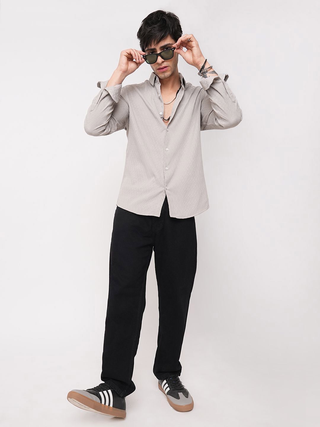 VASTRADO Ornate Cloud Men Grey Classic Relaxed Fit Self Design Jacquard Shirt