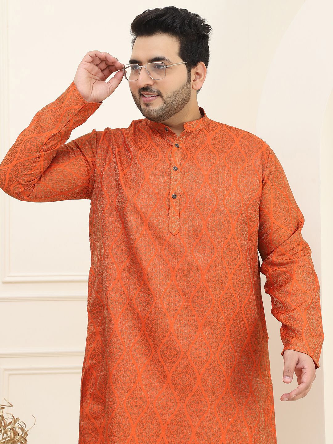 SOJANYA PLUS Geometric Woven Design Mandarin Collar Kurta with Churidar