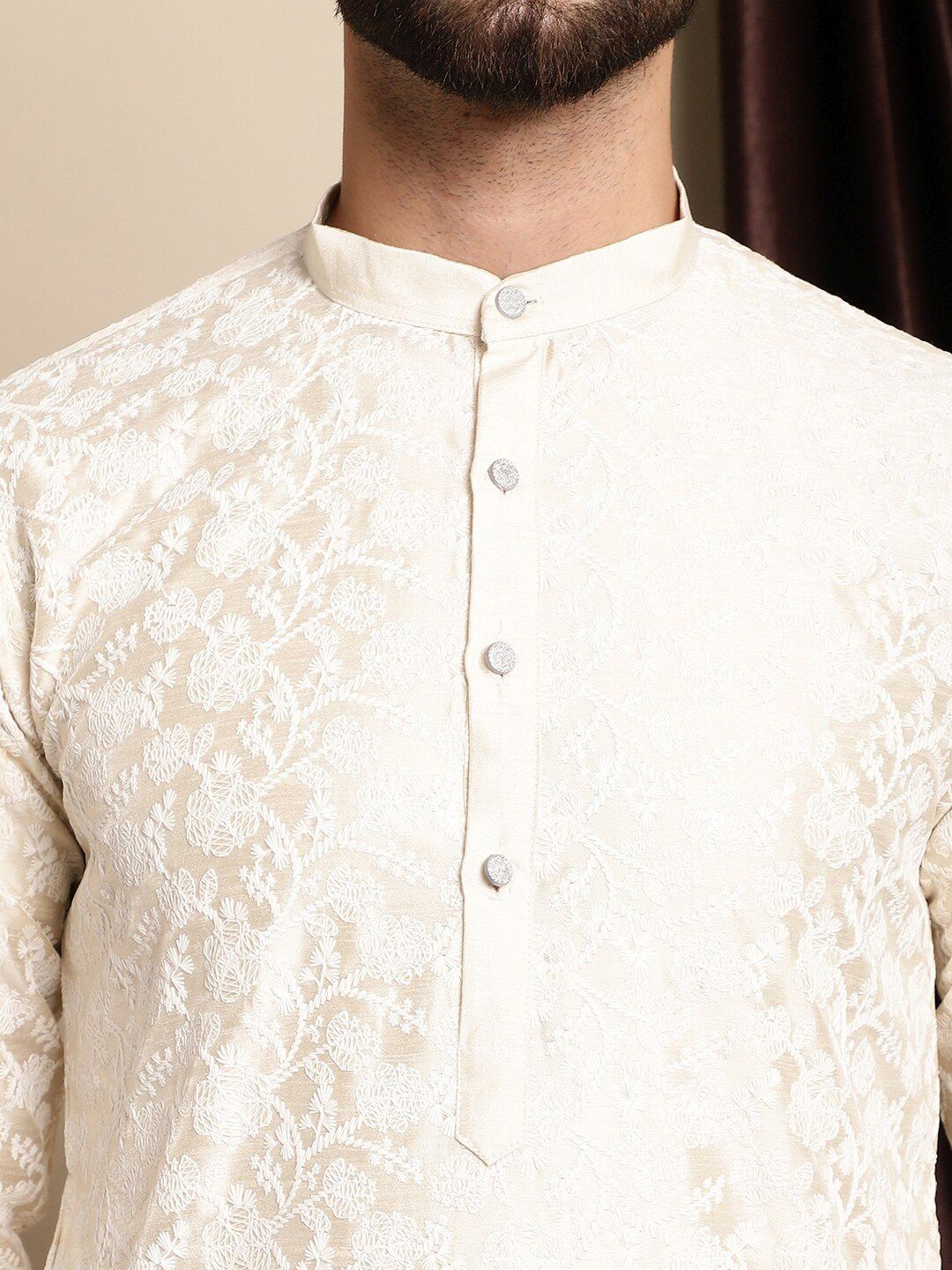 Anouk Floral Embroidered Band Collar Regular Kurta with Churidar