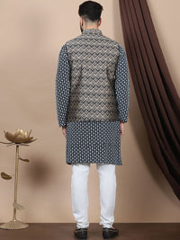 Anouk Geometric Embroidered Regular Cotton Straight Kurta With Churidar & Nehru Jacket