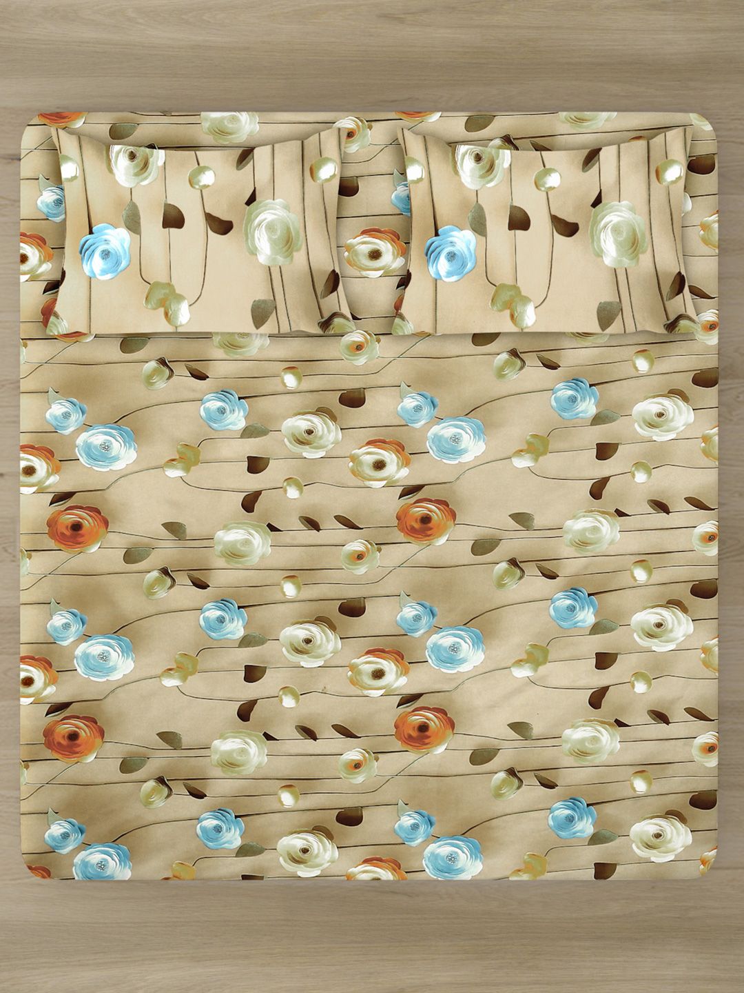 KLOTTHE Beige Floral 300TC King Superfine 7D Bedsheet & 2 Pillow Covers-2.50mx2.25m