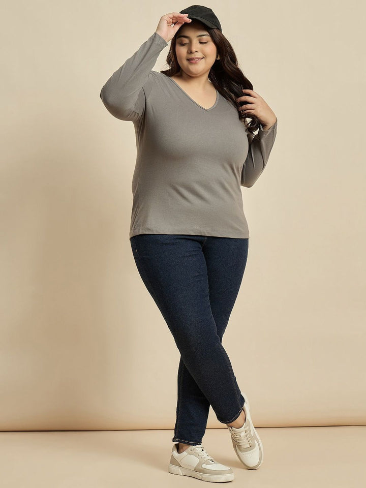 CURVY STREET Women Solid V-Neck Cotton Plus Size T-shirt
