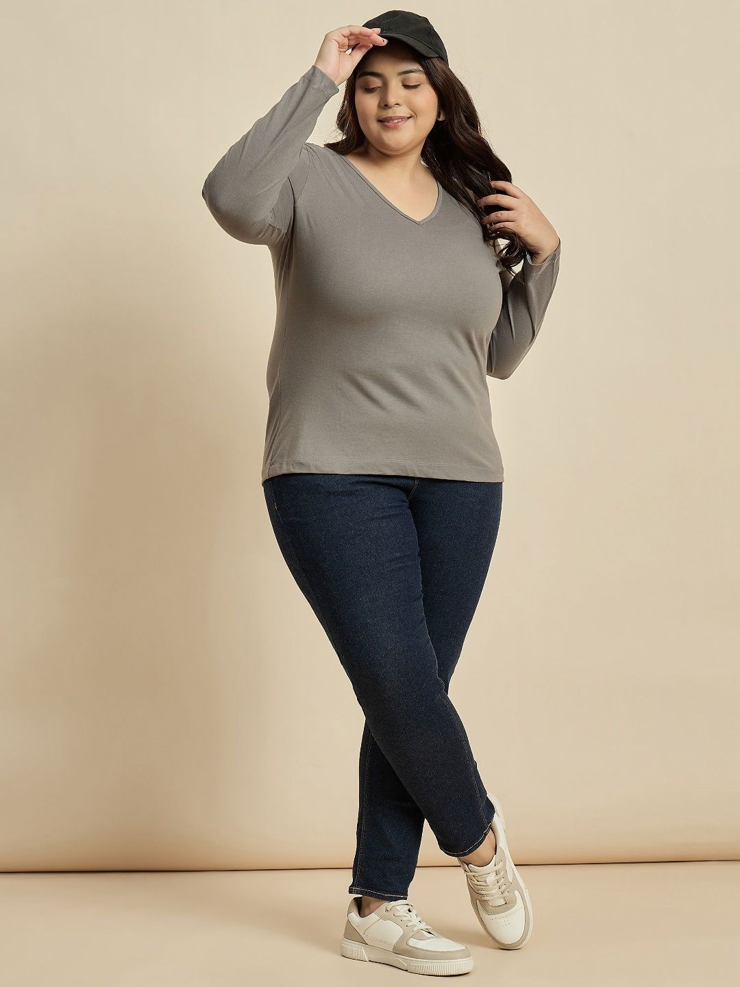 CURVY STREET Women Solid V-Neck Cotton Plus Size T-shirt
