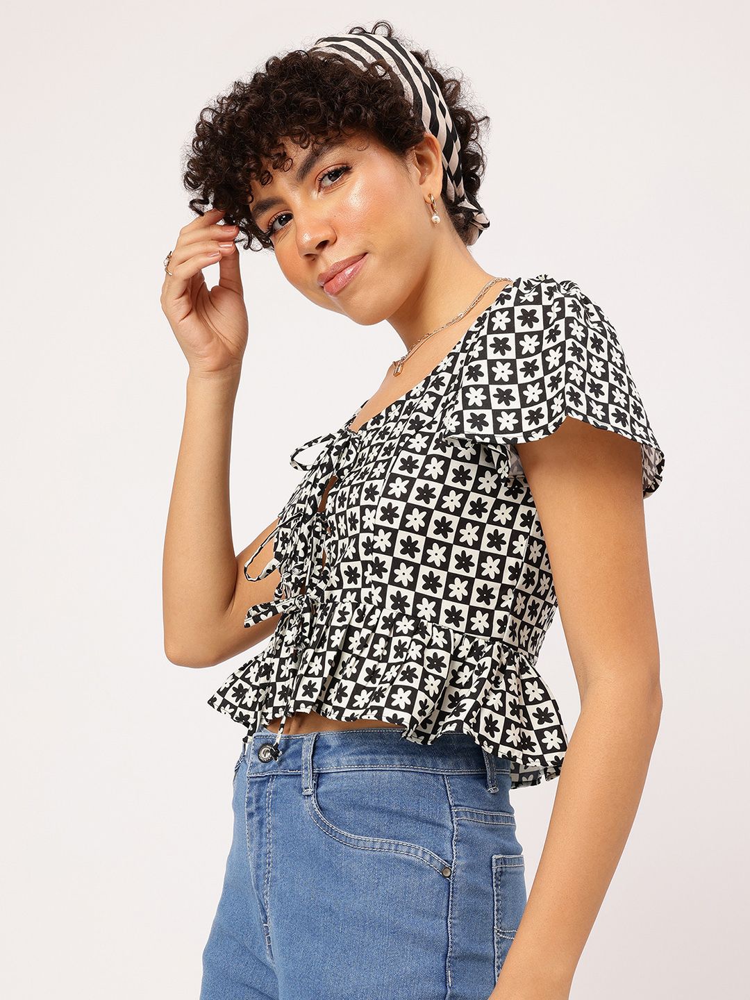 DressBerry Checked-Out Chic Floral Monochrome Peplum Top
