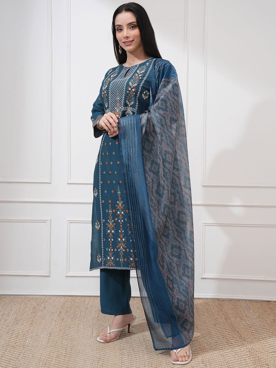 Vishudh Floral Embroidered Thread Work Straight Kurta With Trouser And Dupatta