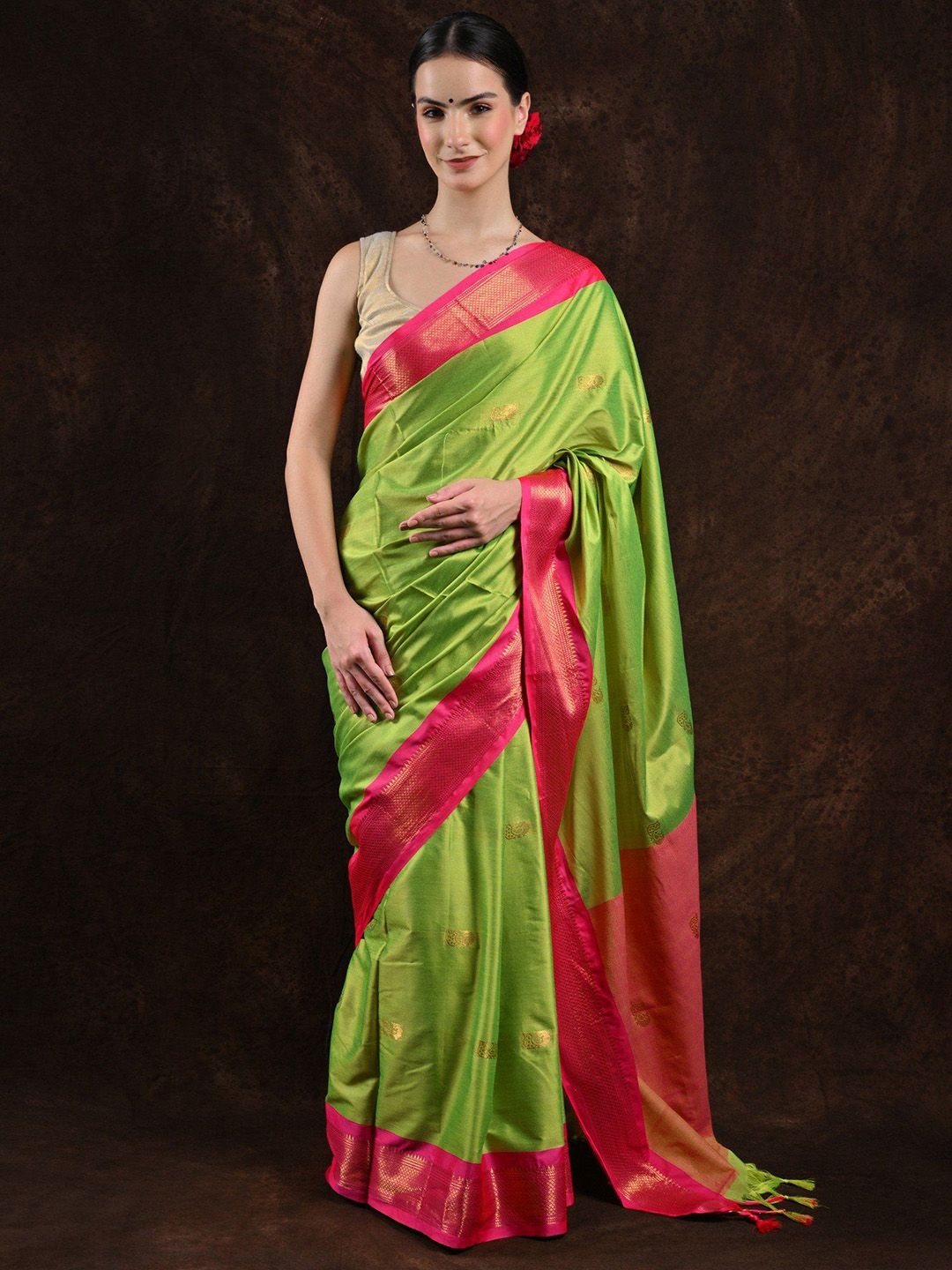 Exotic India Grenoble Green Saree with Zari Woven Peacocks and Contrast Border