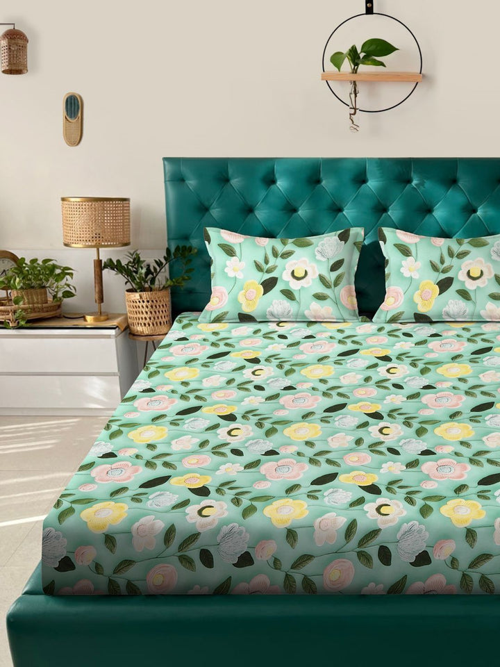 Myntra Elegant Homes Green Floral 300 TC King Cadar dengan 2 Sarung Bantal