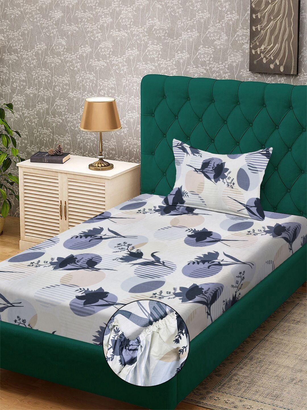Grey & Beige Floral Printed Fitted 300 TC Single Bedsheet With Pillow Cover