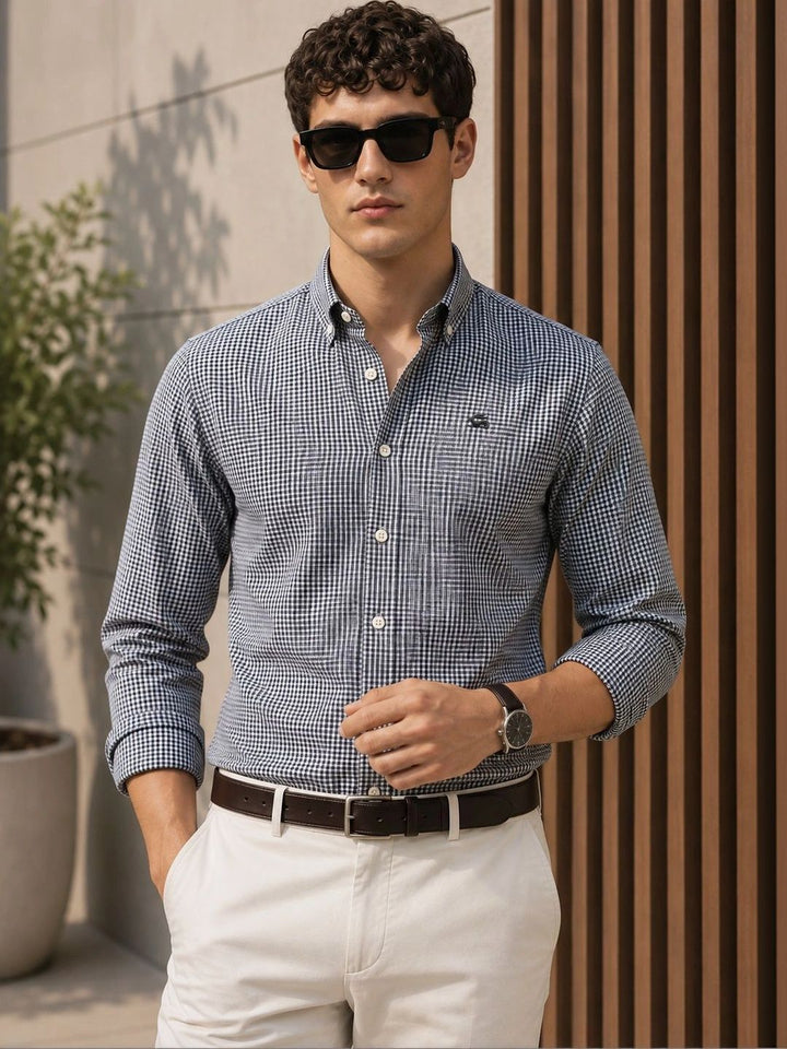 ADRO Men Black & White Mini Checked Regular Fit Casual Cotton Shirt
