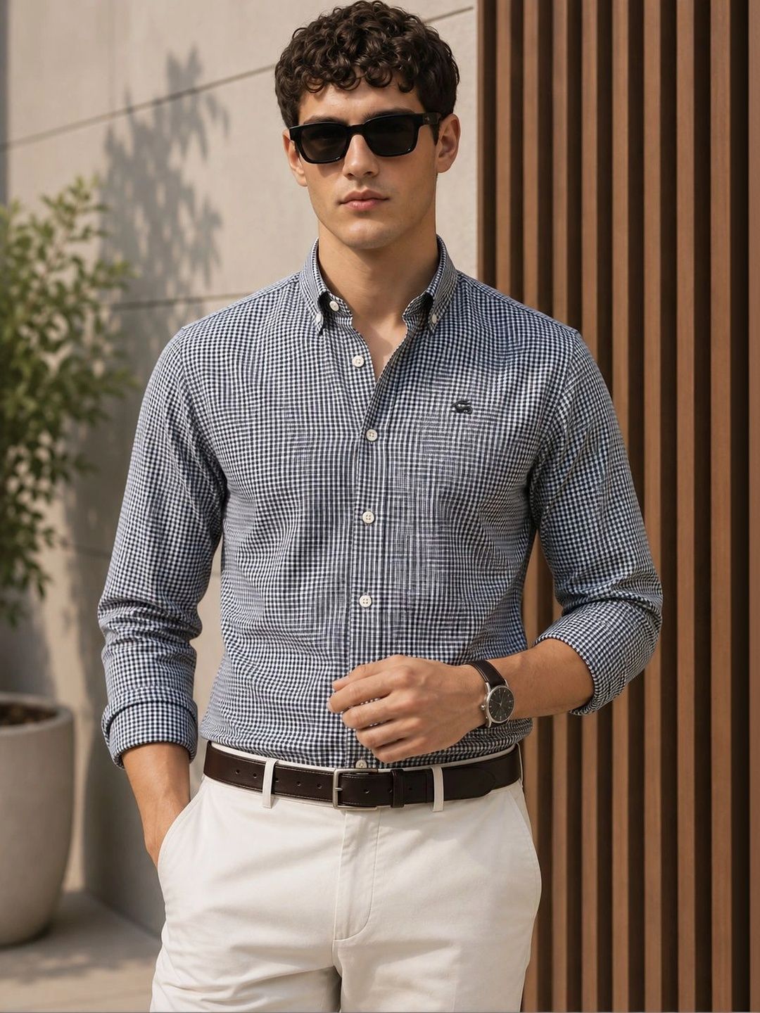 ADRO Men Black & White Mini Checked Regular Fit Casual Cotton Shirt