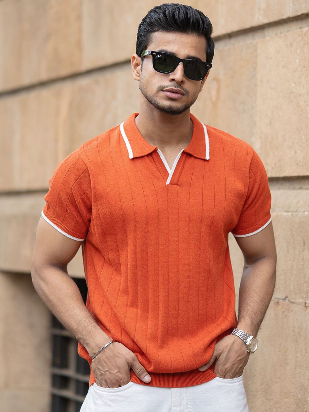 Powerlook Men Self Design Polo Collar Pure Cotton Slim Fit T-shirt