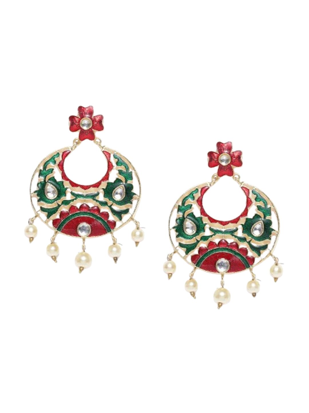 Anouk Merah & Hijau Emas Bersalut Batu Bertatah & Manik Anting-Anting Jatuh Bulat