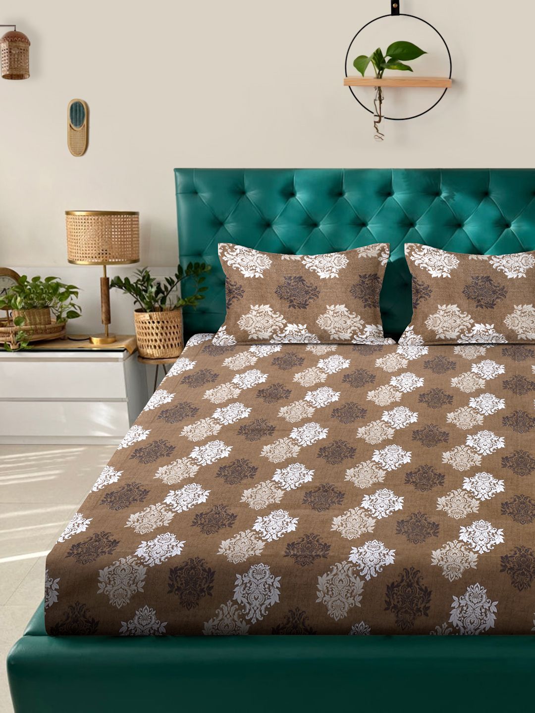 Myntra Elegant Homes Coklat Bunga Kapas Tulen 400 TC Set Cadar King Double-2.5mX2.25m