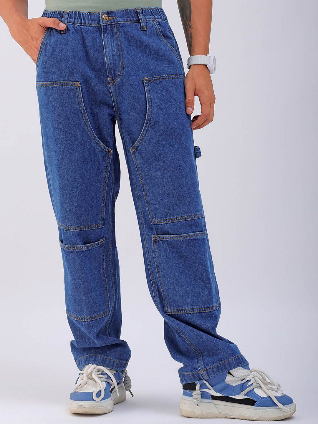 The Indian Garage Co Men Mid-Rise Loose Baggy Fit Elasticated Wasit Cargo Jeans
