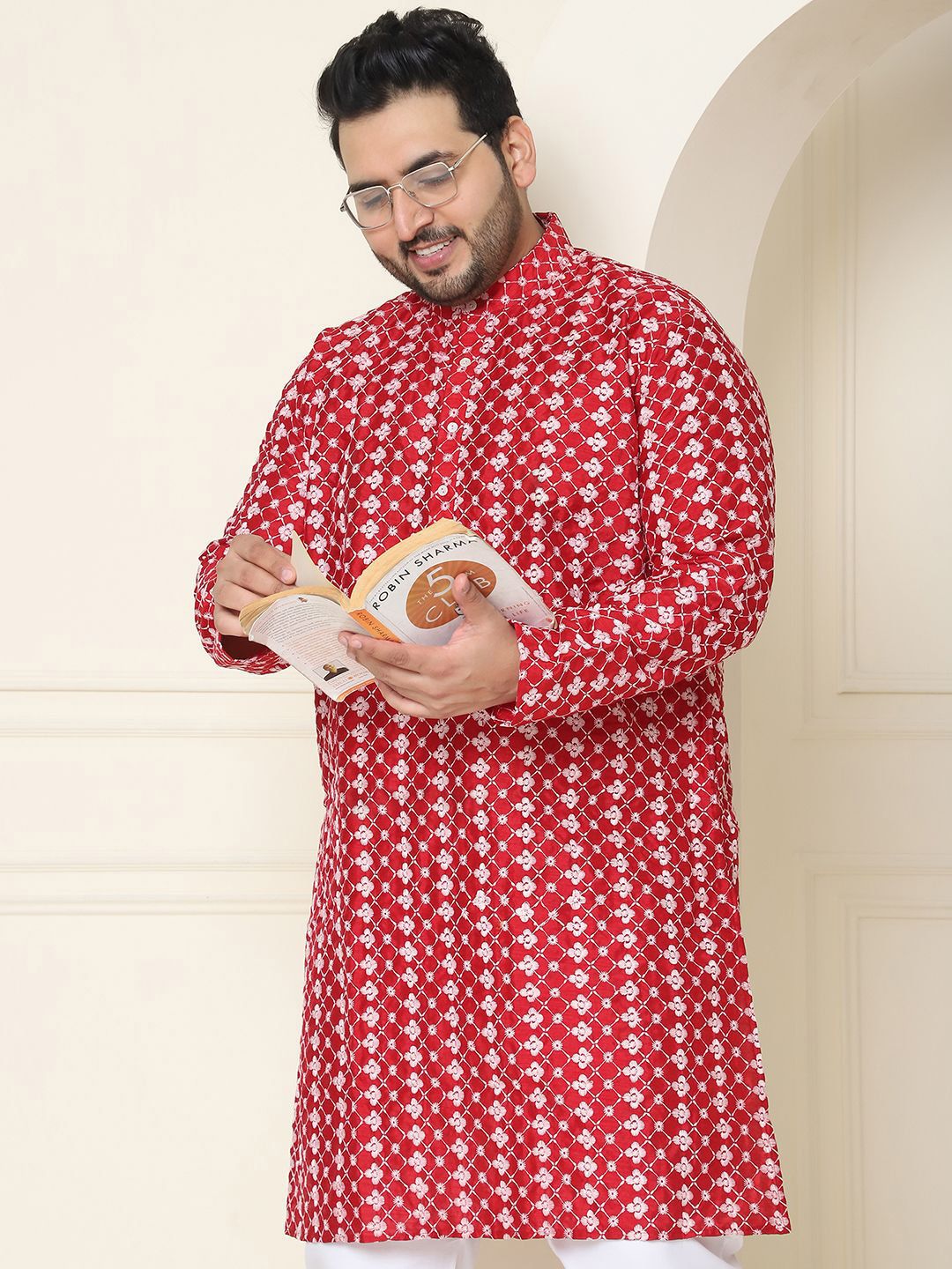 SOJANYA PLUS Motif Etnik Bersulam Kolar Jalur Kurta Lurus Dengan Piyama