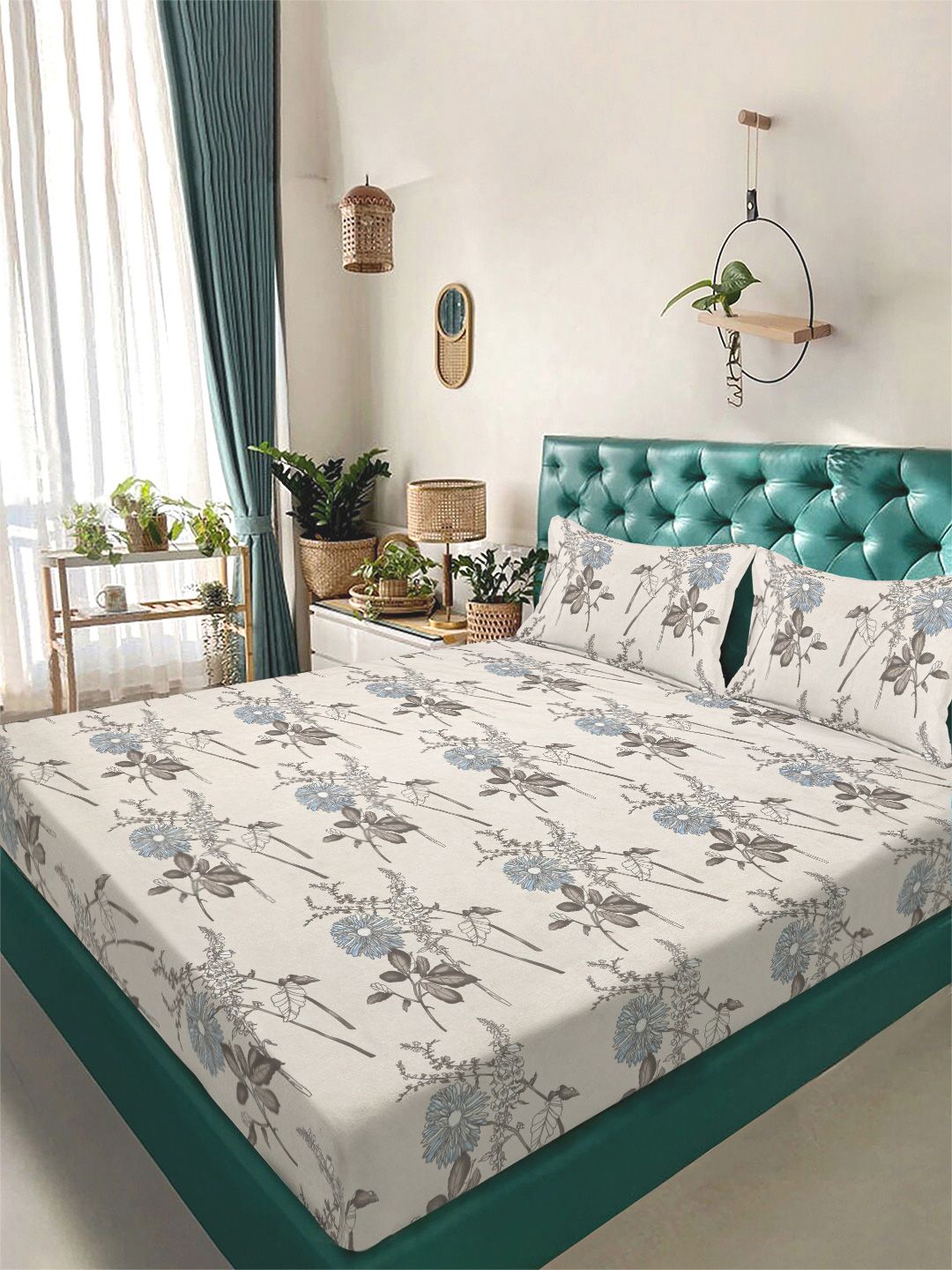 Myntra Elegant Homes Cream Floral Printed Dilengkapi Cadar King 400TC & 2 Sarung Bantal
