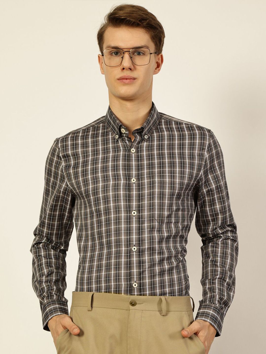 Thomas Scott Men Smart Button-Down Collar Tartan Checked Cotton Formal Shirt