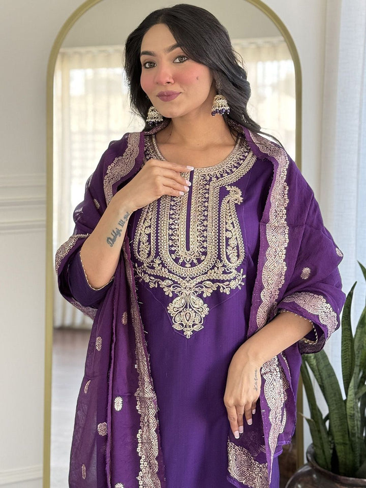 KALINI Ethnic Motifs Yoke Design Pure Silk Straight Kurta With Trousers & Dupatta