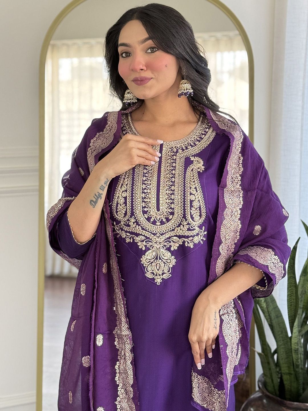 KALINI Ethnic Motifs Yoke Design Pure Silk Straight Kurta With Trousers & Dupatta