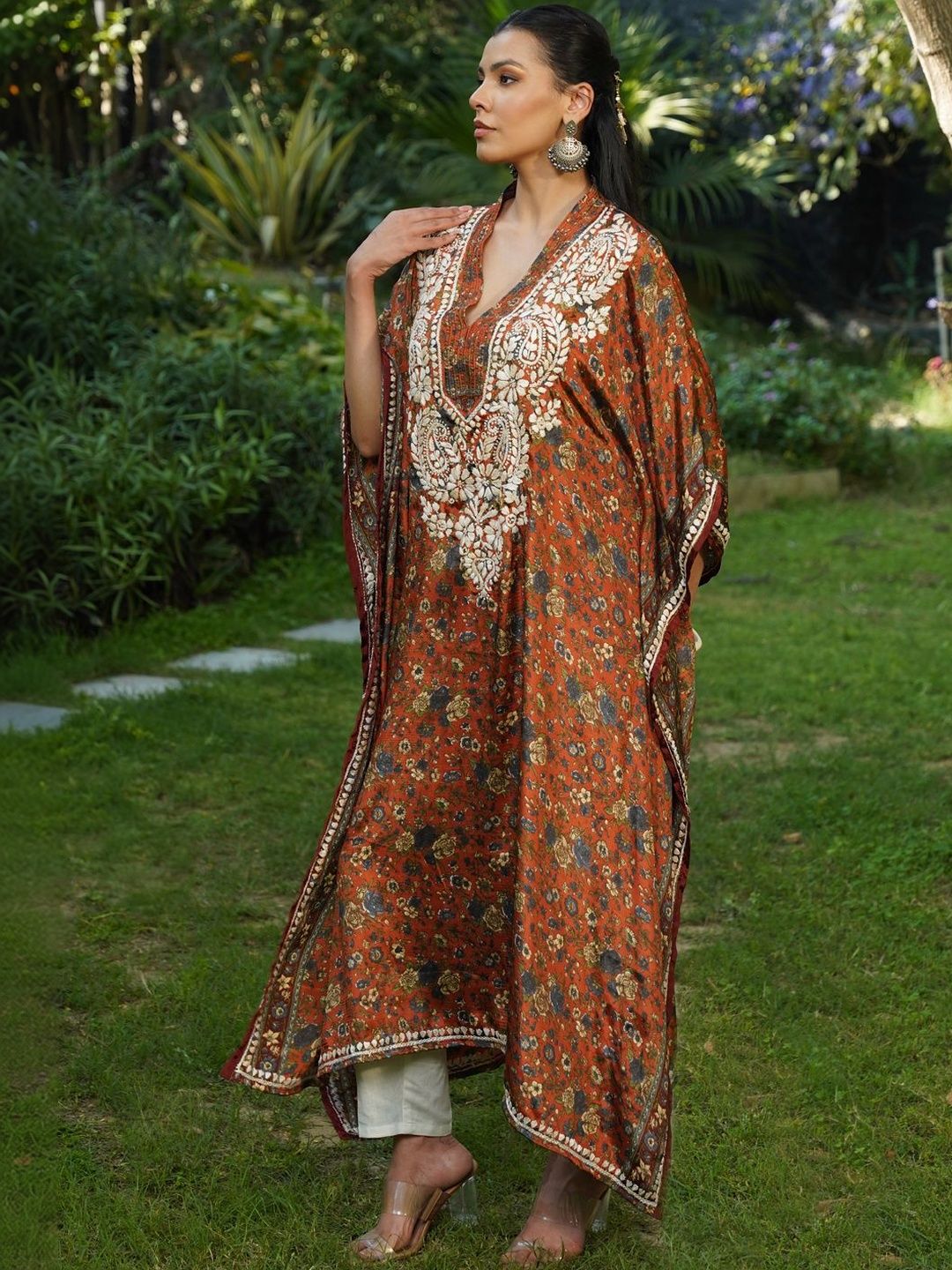 House of Chikankari Women Printed Chikankari Crepe Kaftan Kurta