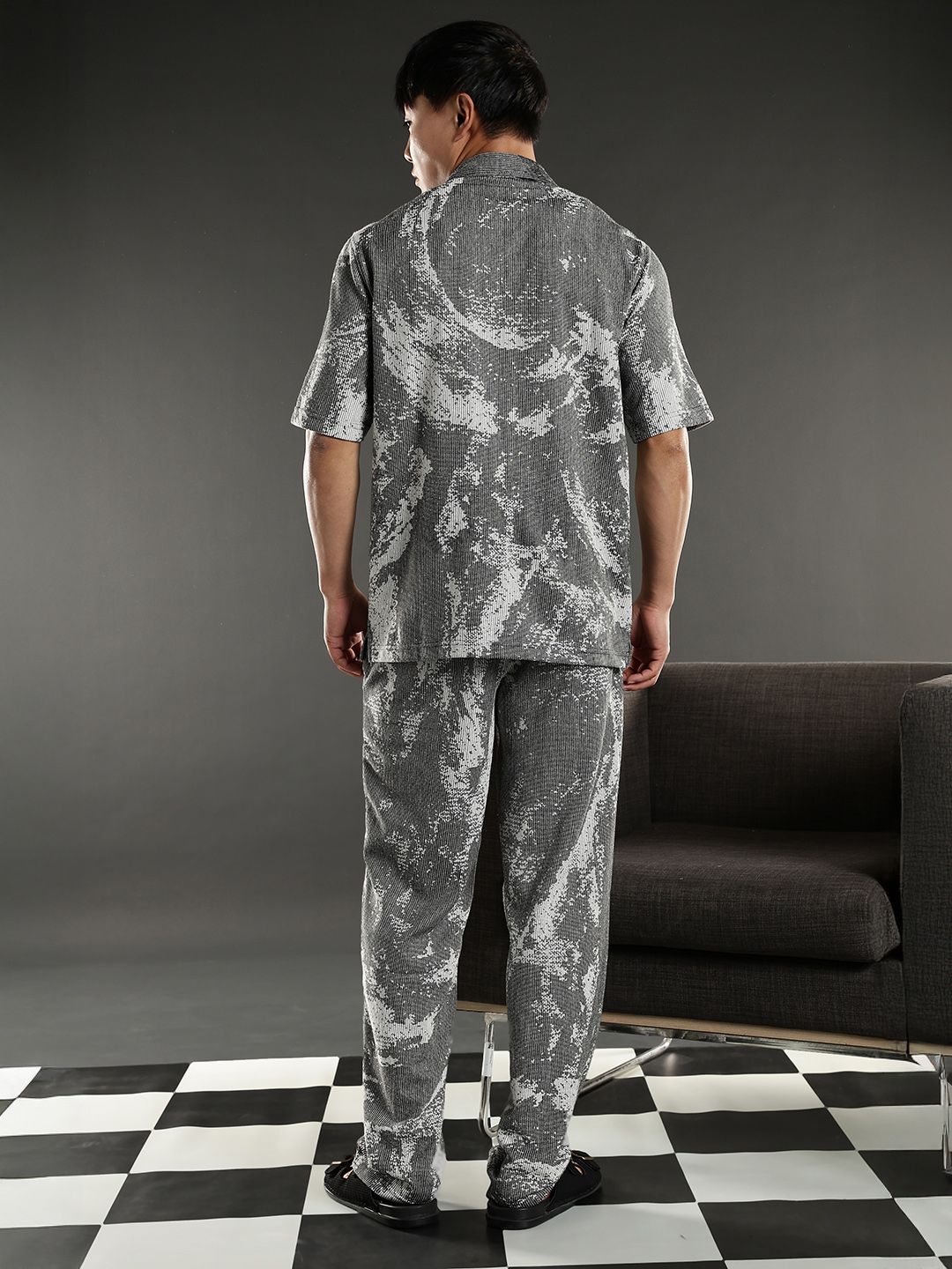 Eszett Grey Abstract Printed Jacquard Spread Collar Pure Cotton Shirt With Trouser Co-Ord Set