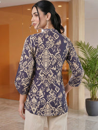 Mamicha Print Mandarin Collar Bell Sleeve Cotton Top