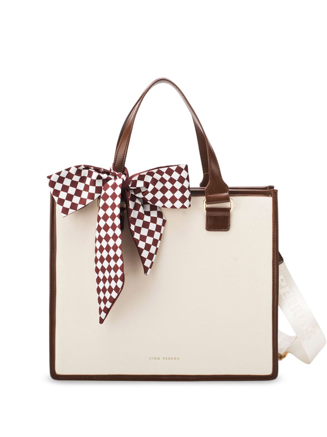Lino Perros Checked Structured Tote Bag with Cut Work