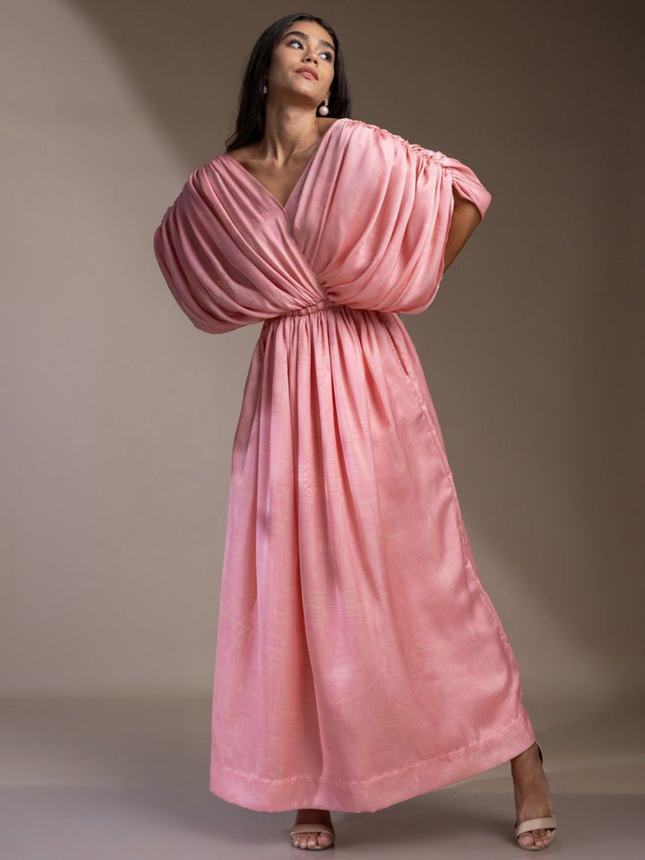 Pakaian Mamicha Wanita V-Leher Pleated Maxi A-Line