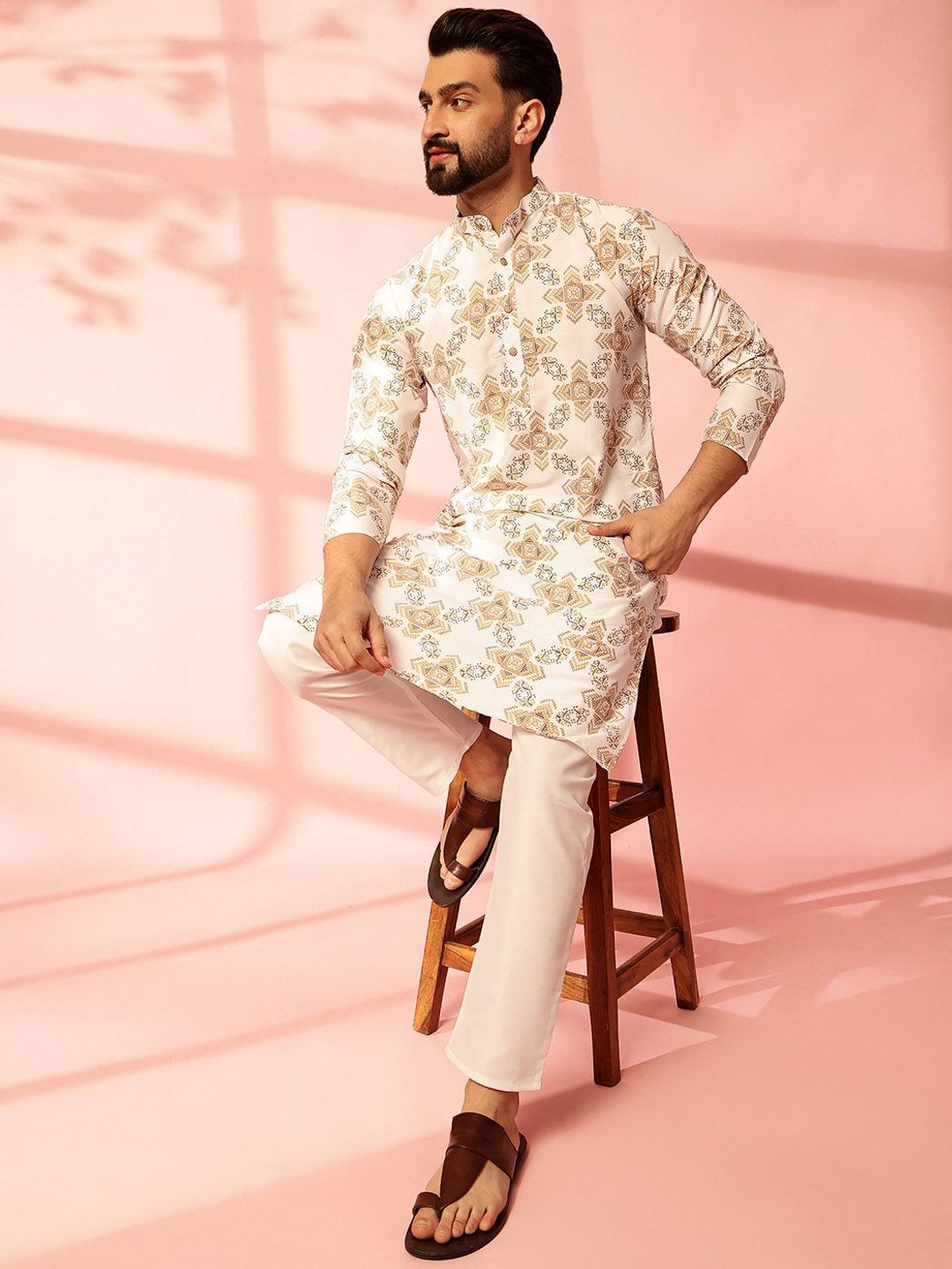 Anouk Geometric Printed Mandarin Collar Cotton Linen Kurta Lurus