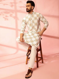Anouk Geometric Printed Mandarin Collar Cotton Linen Kurta Lurus