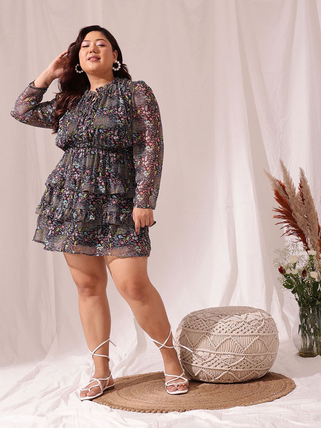 CURVY STREET Plus Size Floral Printed Chiffon Empire Dress