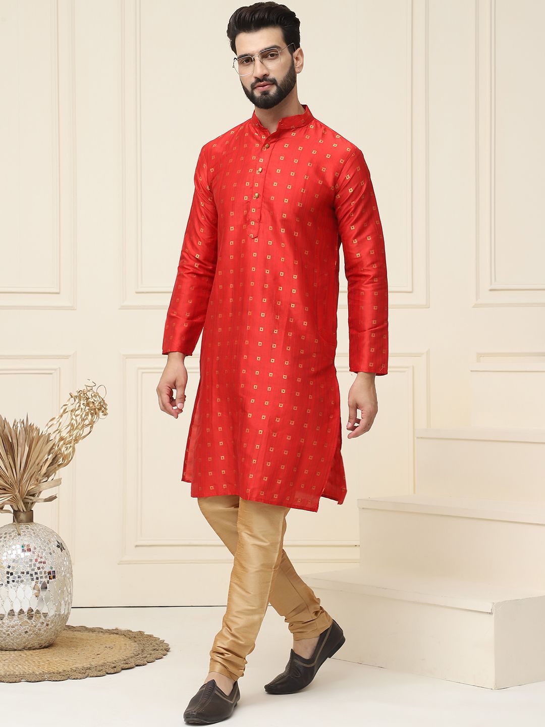 SOJANYA Kurta Kolar Mandarin Rekaan Tenun Geometrik dengan Churidar