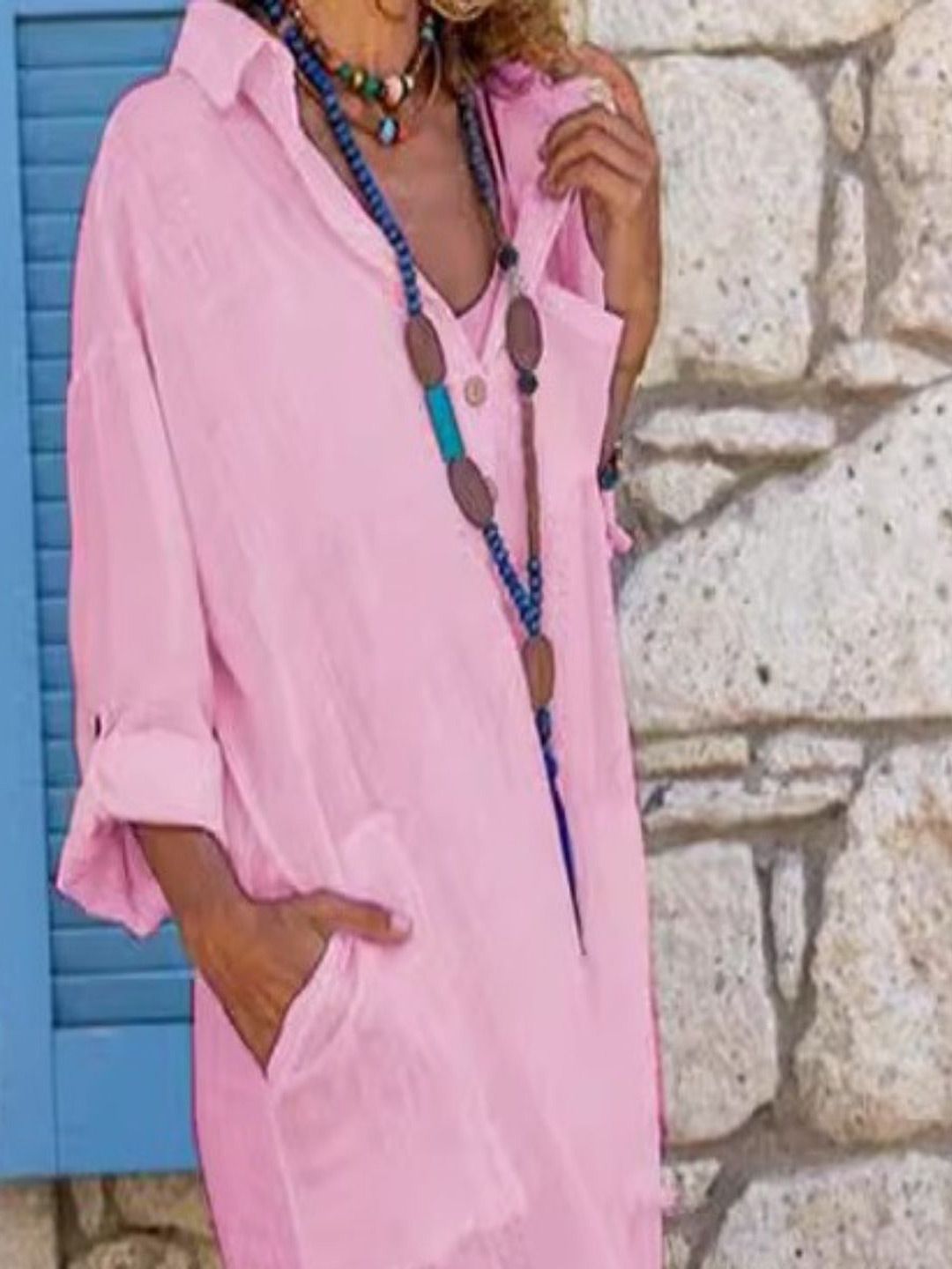 Semua Mengenai Anda Wanita Roll-Up Sleeves Slits Butiran Kapas Kemeja Midi Dress