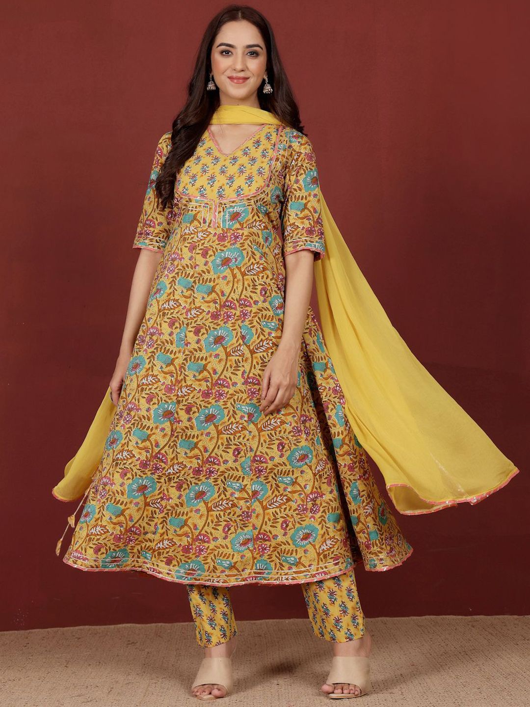 Varanga Floral Printed V-Neck Gotta Patti Pure Cotton A-Line Kurta With Trousers & Dupatta