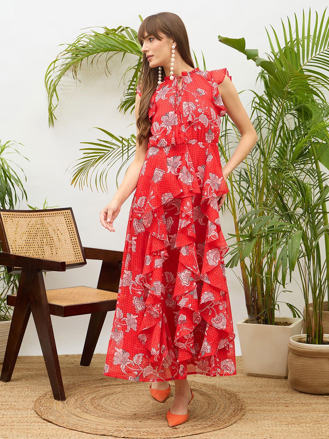 SASSAFRAS Floral Printed Flared Sleeves Ruffled Fit & Flare Maxi Dress
