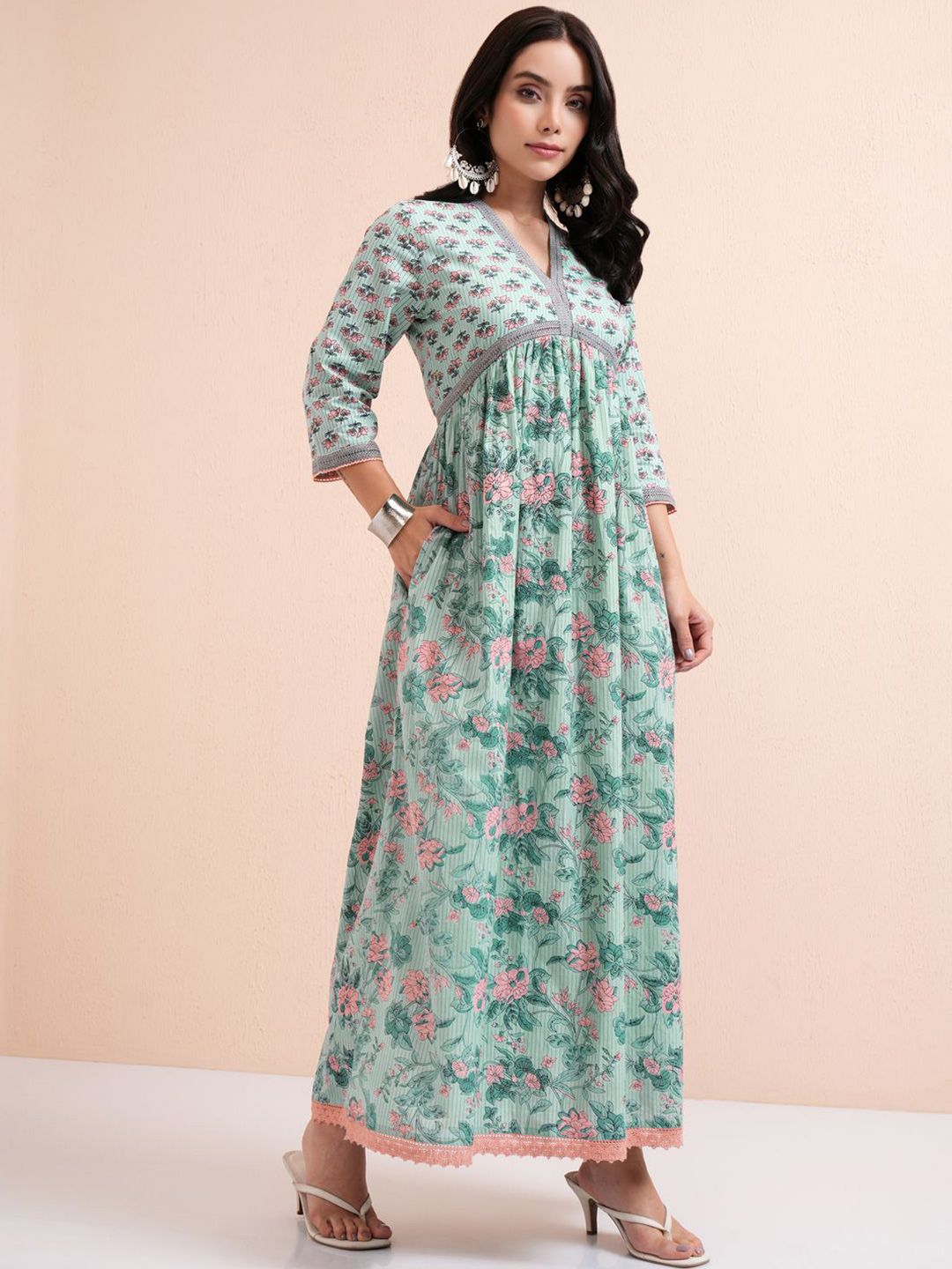 Vishudh Floral Printed A-Line Maxi Cotton Dress