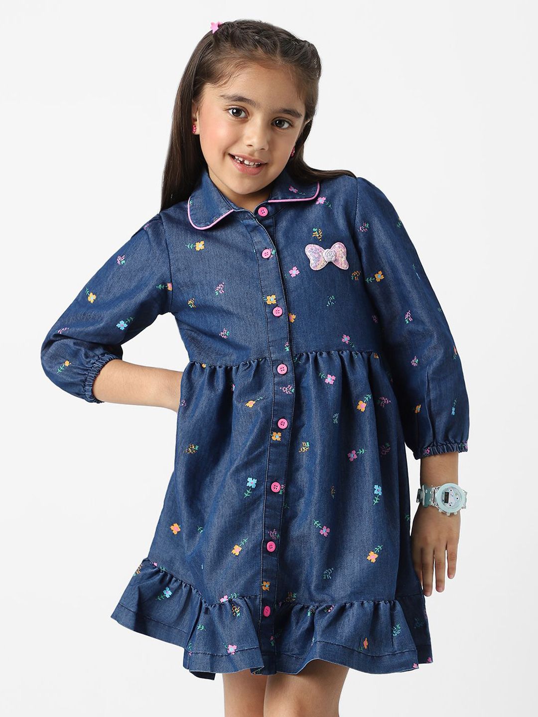 Nauti Nati  Girl Denim Shirt Dress With Puff Sleeves
