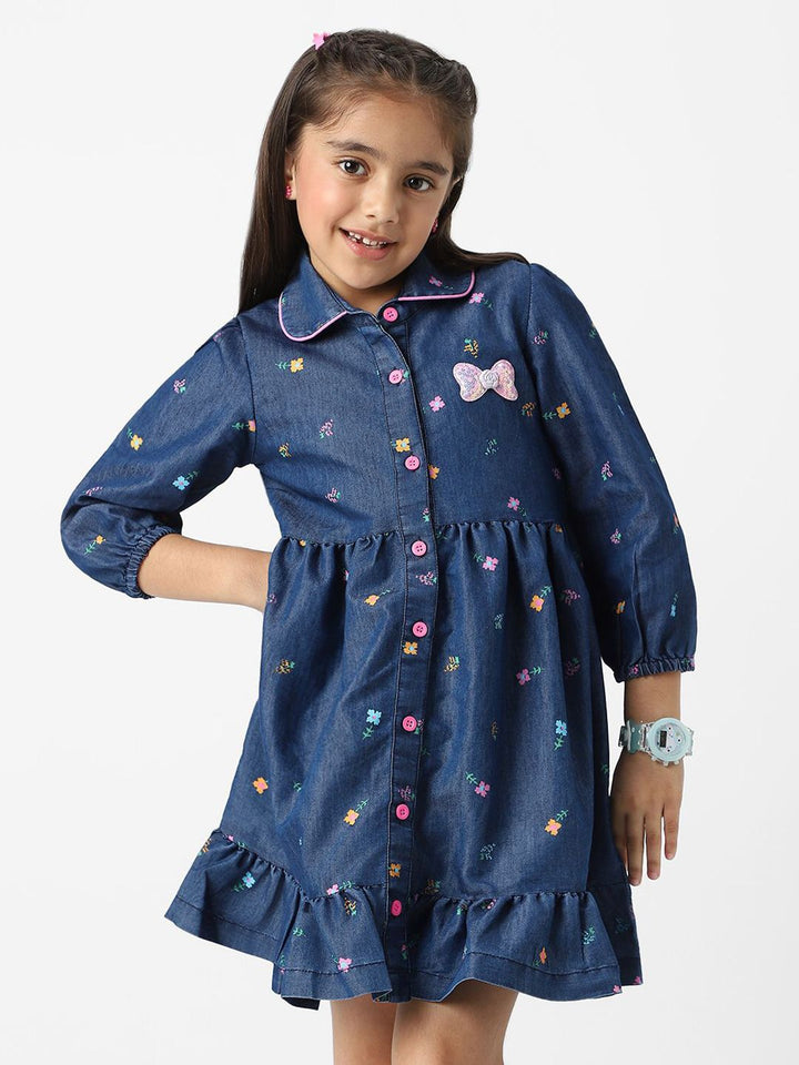 Nauti Nati  Girl Denim Shirt Dress With Puff Sleeves