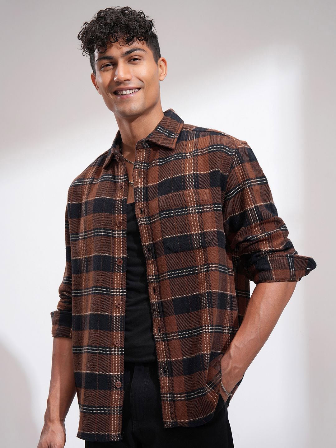 HIGHLANDER Men Relaxed Fit Spread Collar Tartan Checked Cotton Casual Shacket