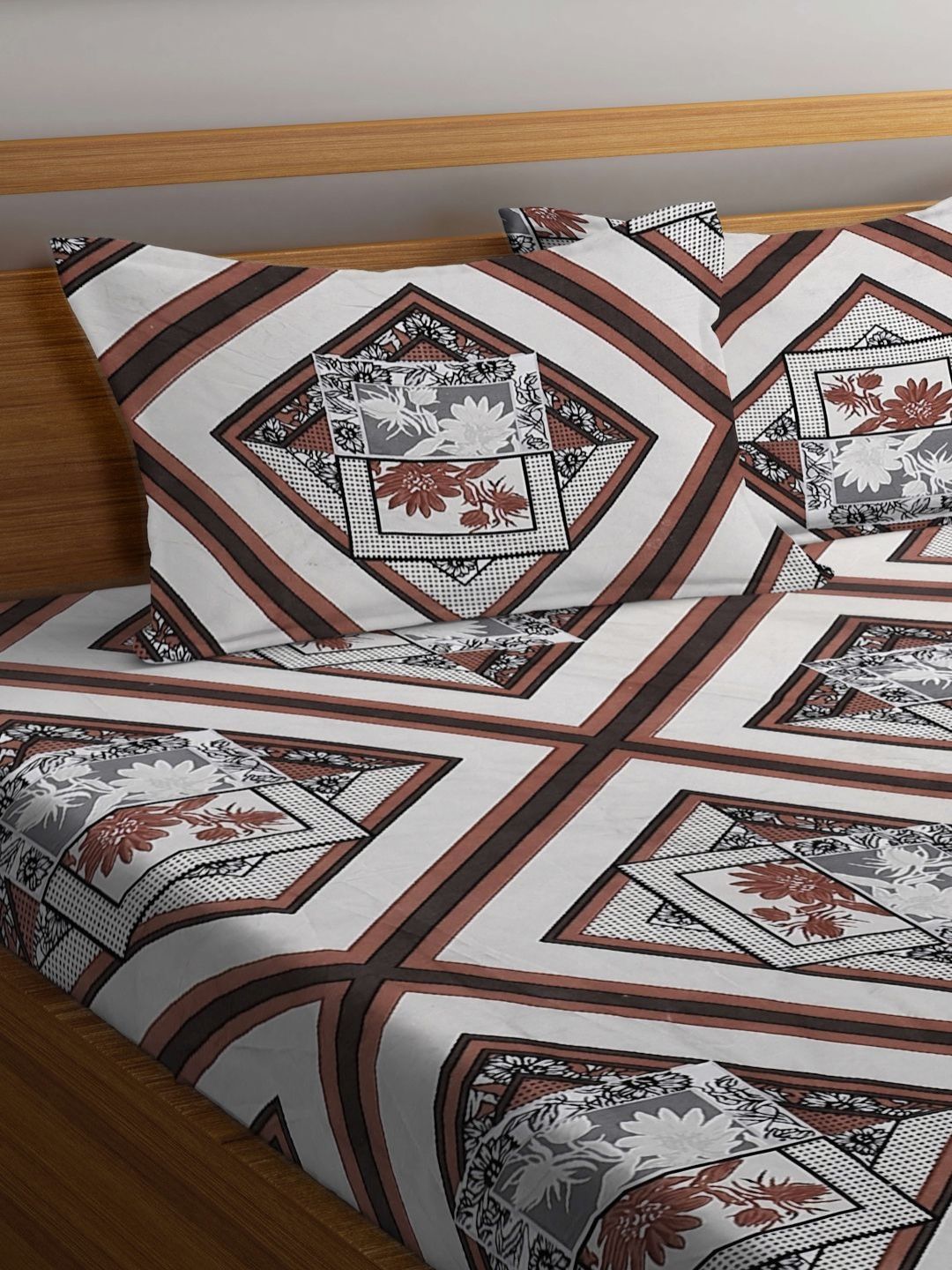 Myntra Elegant Homes White Geometric Cotton 300 TC Fitted Super King Fine Bedsheet with 2 Pillow Covers-106 x 106 inches