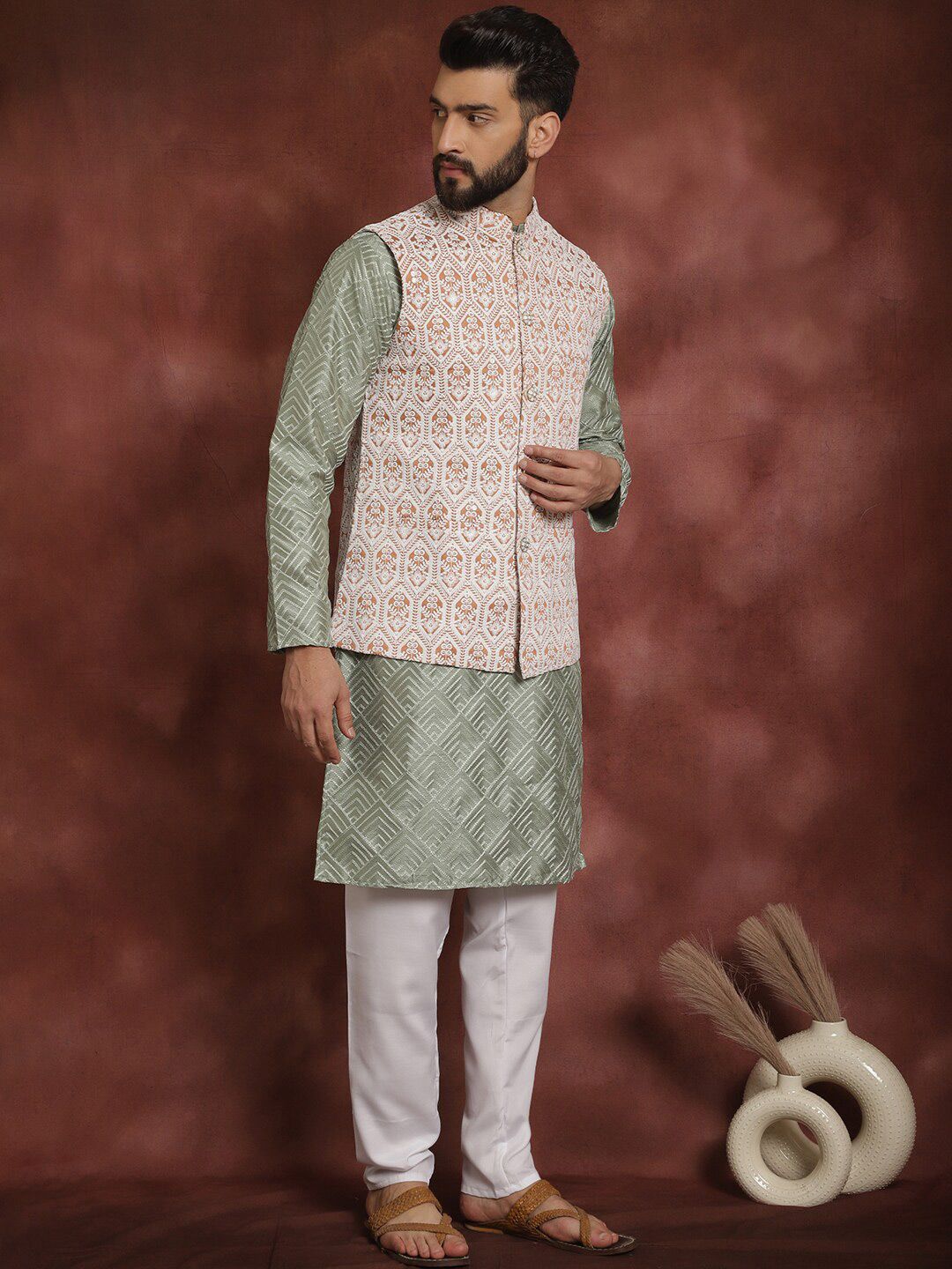 Anouk Geometric Embroidered Straight  Kurta with Churidar & Nehru Jacket