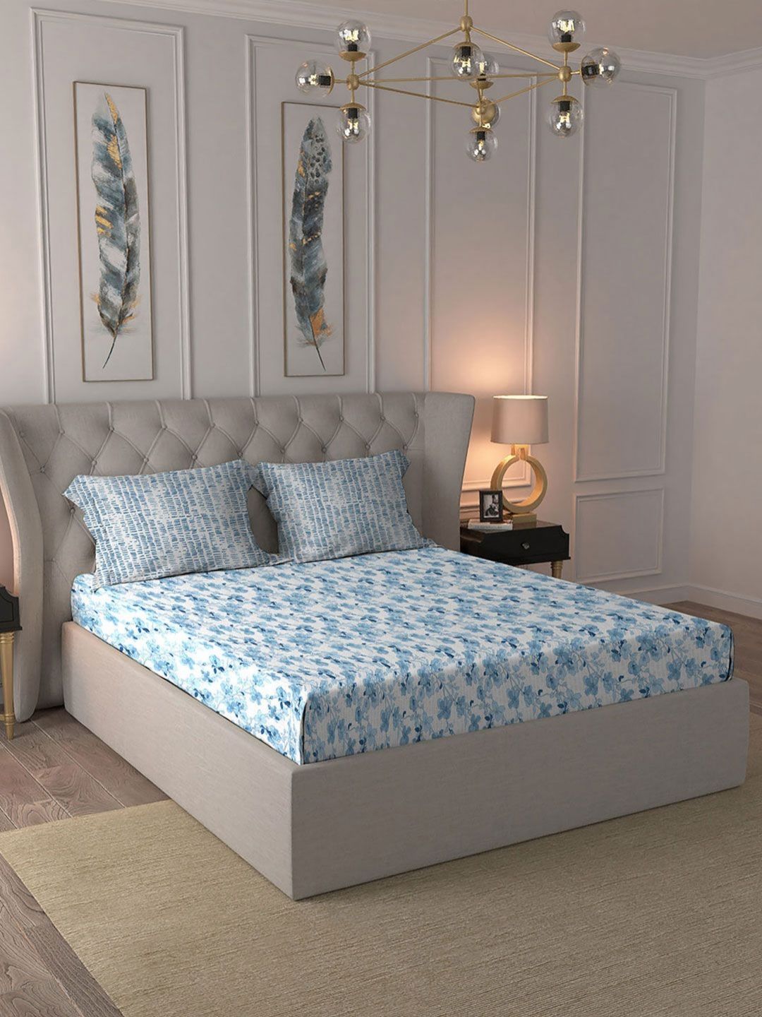 TRIDENT Shabnam Blue Celebration Flat 144TC Queen Cotton Bedsheet Set