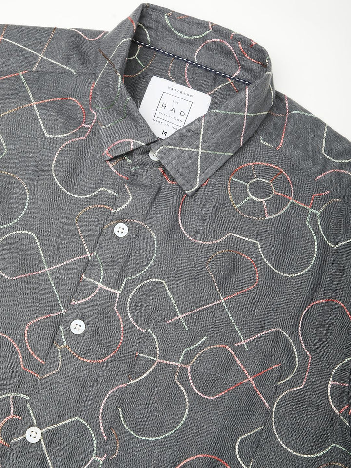 VASTRADO Men Classic Spread Collar Geometric Self Design Cotton Slim Fit Casual Shirt