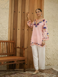HOUSE OF KARI Floral Embroidered Cotton Falak Kashmiri Straight Kurta
