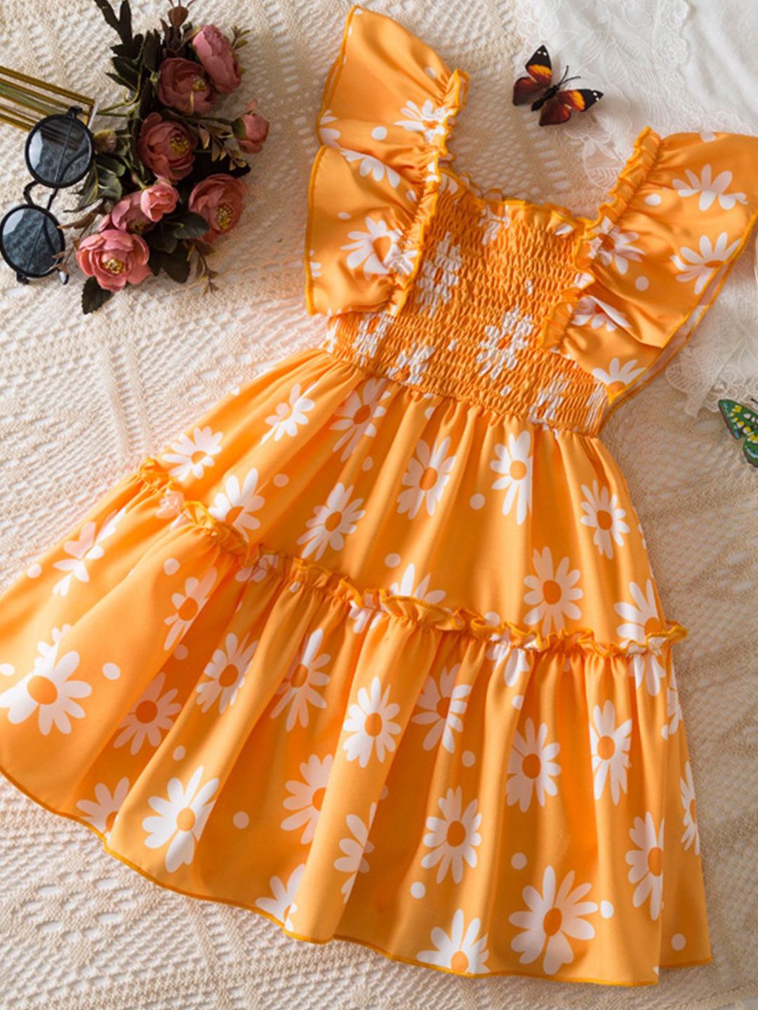 YK Floral Print Flutter Sleeve Fit & Flare Dress