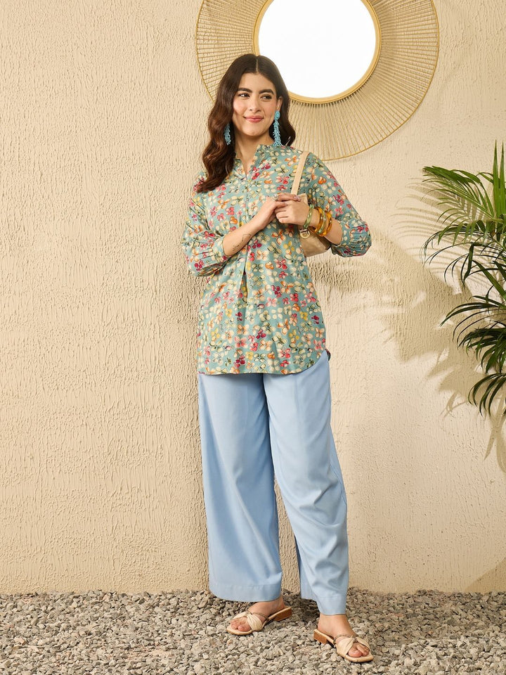 KALINI Women Floral Printed Cuffed Sleeves Mandarin Collar Top