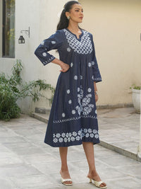 House of Chikankari Chikankari Pepejal A-line Pakaian Panjang Wanita-Gaun Biru Tua