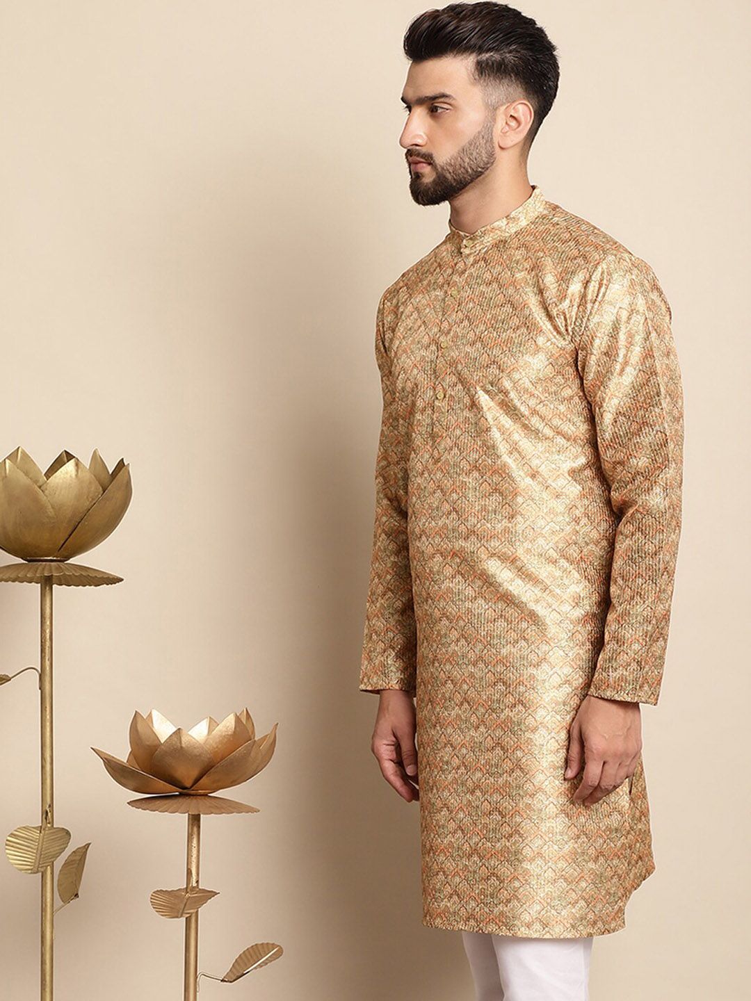Anouk Ethnic Motifs Printed Band Collar Sequins Detail Silk Cotton Straight Kurta