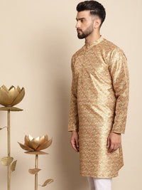 Anouk Ethnic Motifs Printed Band Collar Sequins Detail Silk Cotton Straight Kurta