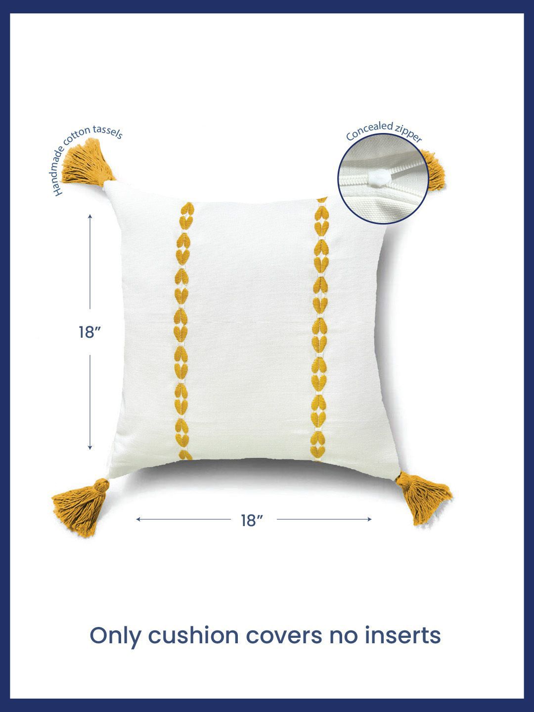 URBAN SPACE Yellow & White 2 Pieces Embroidered Pure Cotton Square Cushion Covers